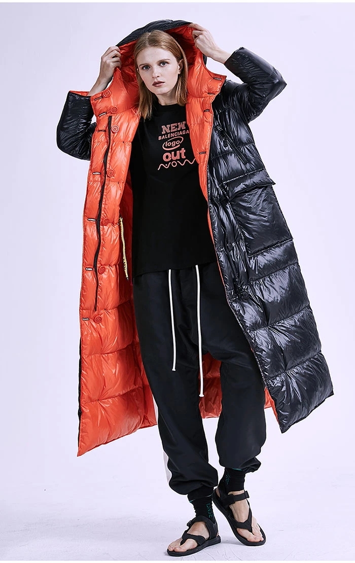 ZURICHOUSE Брендовая женская куртка на гусином пуху зимняя длинная Двусторонняя одежда Роскошная парка с капюшоном мода плюс размер пуховик для женщин
