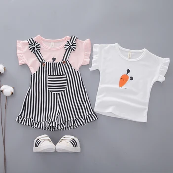 

Summer Baby Girl Short Sleeve Cartoon Striped Pattern Cotton T-shirt Blouse +Mini Strap Skirts Casual Outfits Set