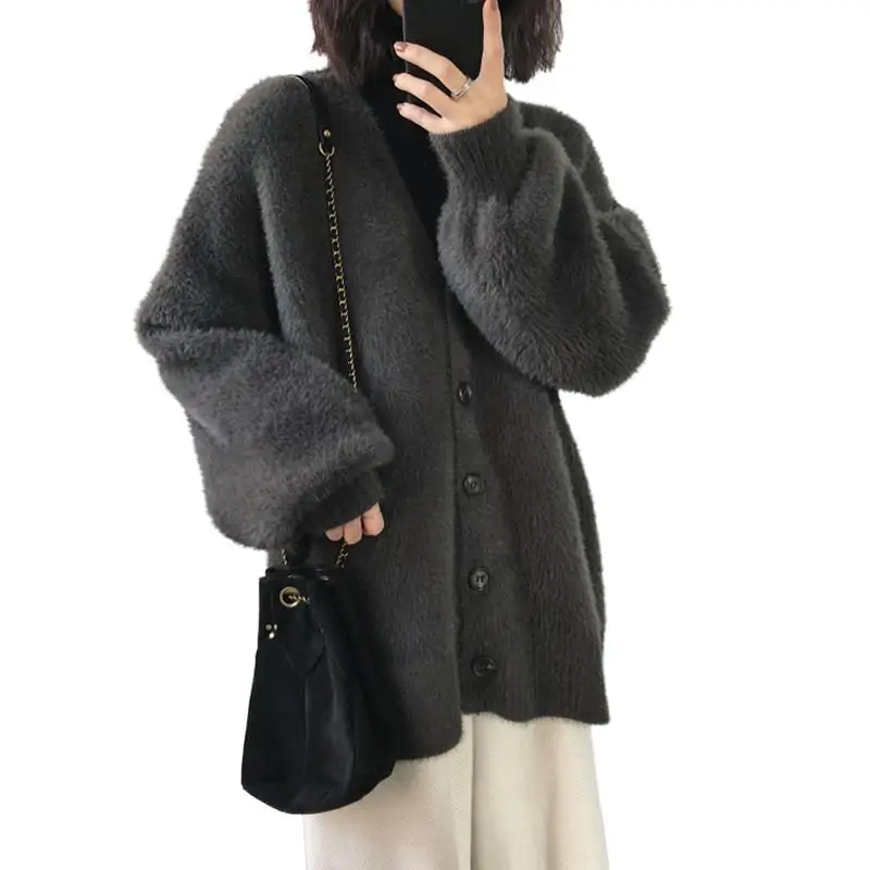 ^Cheap Women 2019 Spring Autumn Thicken Warm Faux Mink Cashmere Knitted Sweater Cardigans Female Solid Lantern Sleeve Knitted Coat V693