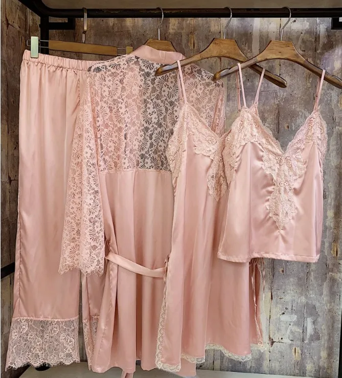 

New Women Spring Summer Pure Color Lace Stitching Silk Nightwear Women Sexy Pyjamas Four Piece Pants Set Sleepwear Home Suit