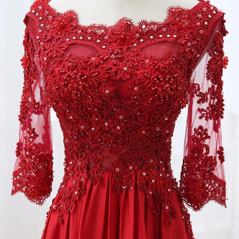Красные кружевные вечерние платья с длинным рукавом, вечерние атласные женские вечерние платья на выпускной, вечерние платья с бисером, robe de soiree longue