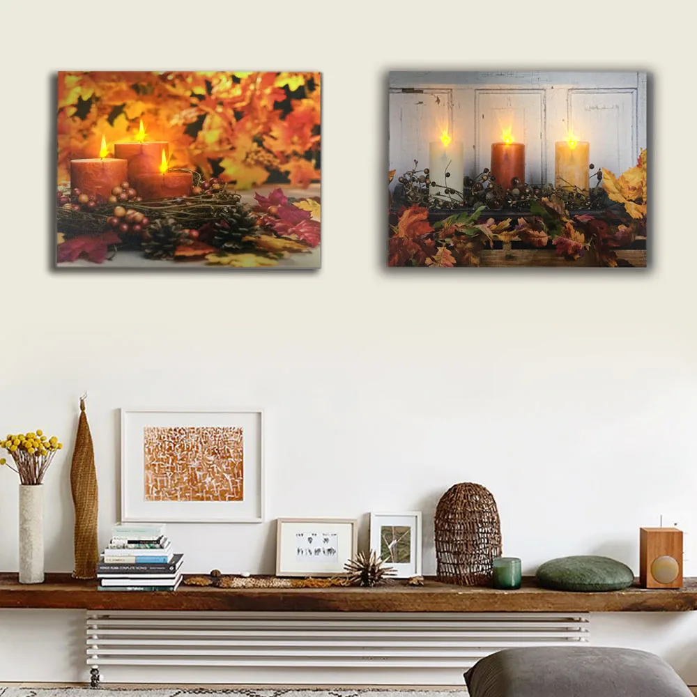 Autumn leaves with candles in fall wall picture led canvas art light up