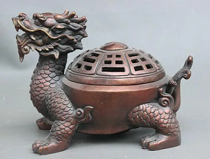S03992 8" Chinese Pure Red Bronze Dragon Turtle Tortoise Statue Incense