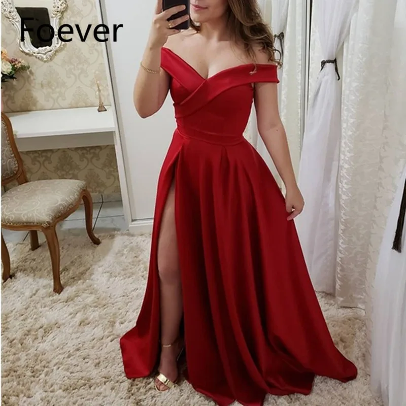 Vestidos, сексуальное красное вечернее платье с v-образным вырезом и разрезом по бокам, Длинное Элегантное Вечернее Платье трапециевидной формы с открытыми плечами