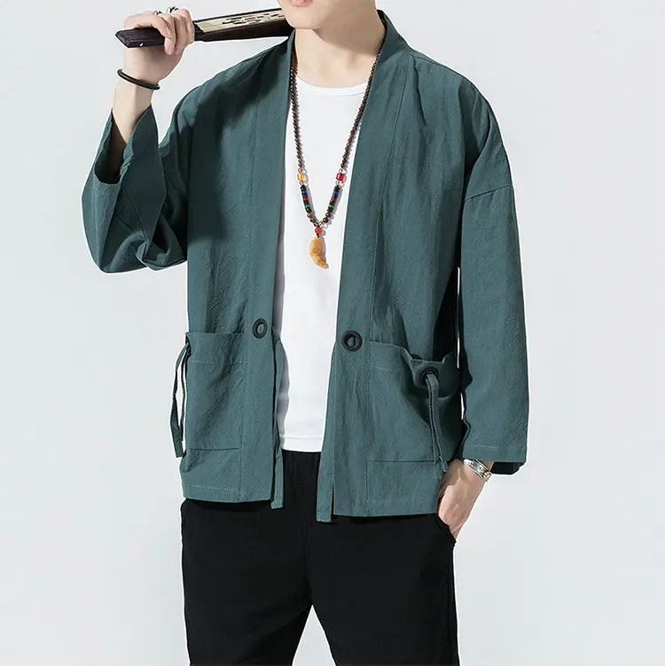Летняя мужская одежда для защиты от солнца в стиле Харадзюку, кимоно, повседневные мужские куртки, открытая стежка, одноцветная мужская куртка в китайском стиле, верхняя одежда
