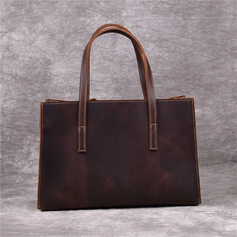  PNDME vintage handmade genuine leather ladies tote bag cowhide simple handbag fashion women's shopp