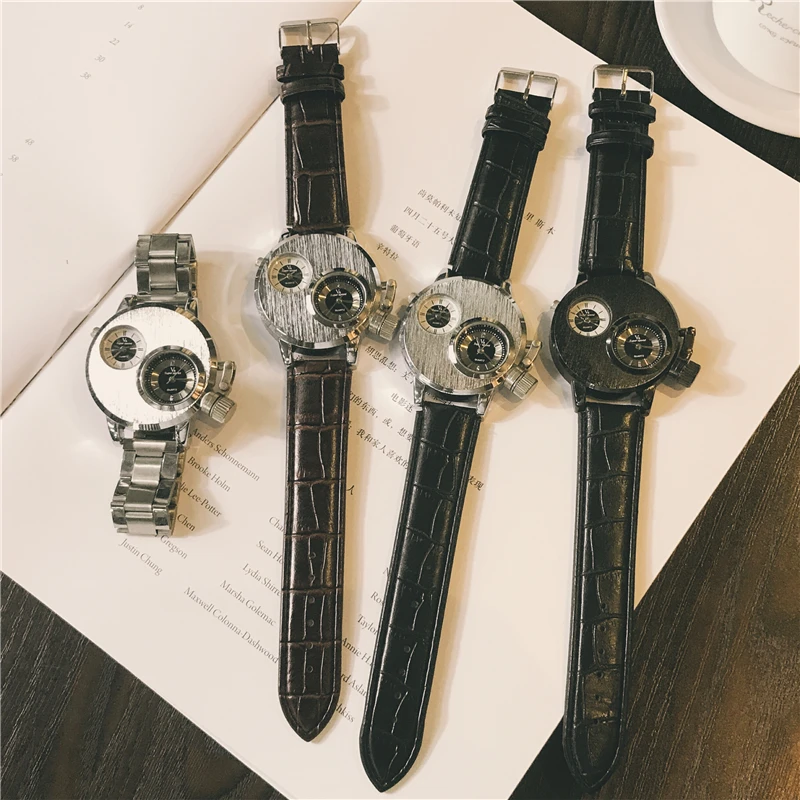 Beste Dubbele Beweging Grote Wijzerplaat heren Horloge Mode Creatieve Persoonlijkheid Horloge Unieke Twee Tijdzone Zilver Sport Horloge Studenten