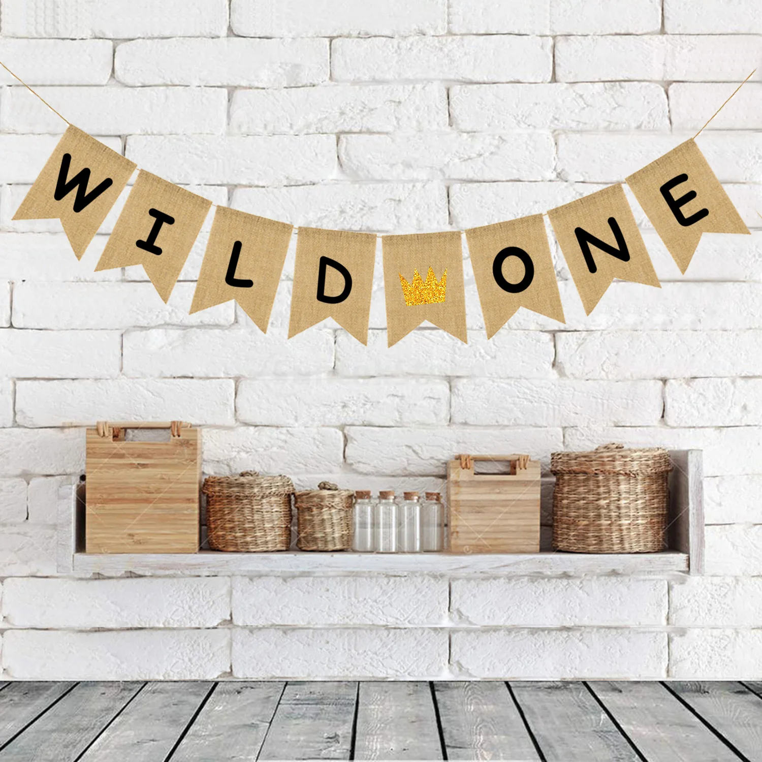

Glitter Gold Crown Jute Burlap Wild One Banner Baby Birthday Party Decoration