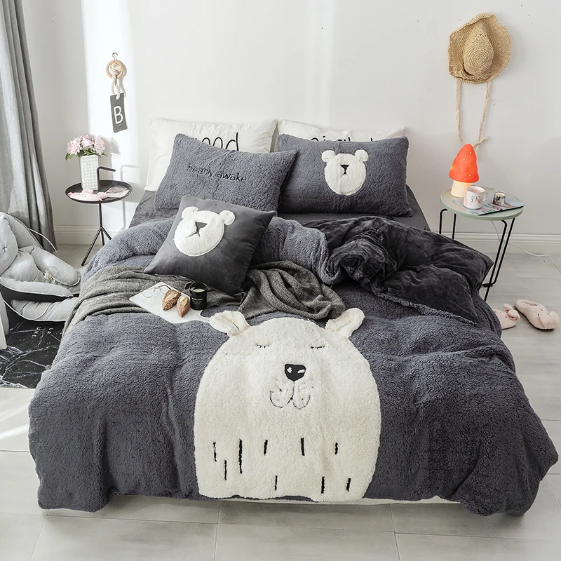 

Cartoon Bear Penguin Dinosaur Rabbit Unicorn Embroidery Fleece Fabric Child Bedding Set Flannel Duvet Cover Bed sheet Pillowcase