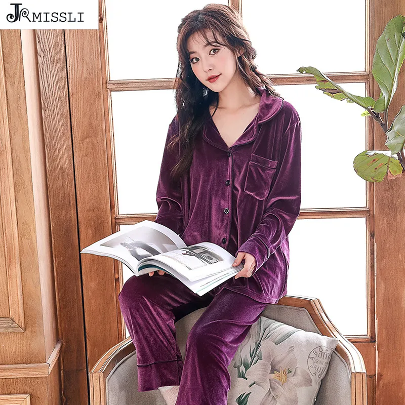 JRMISSLI Winter Womens Gold velvet Pajama Sets Turn down collar Long ...