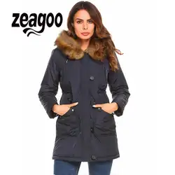 Zeagoo Повседневное съемным искусственным мехом с капюшоном шнурок талии Для женщин Длинная стеганая куртка пальто