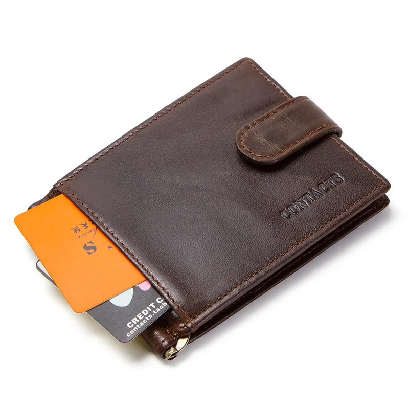 CONTACT'S Cow Leather Money Clip Men Card Wallet Thin Money Clamp for 10 Cards Male Bifold Credit Card Case with Zip Coin Pocket