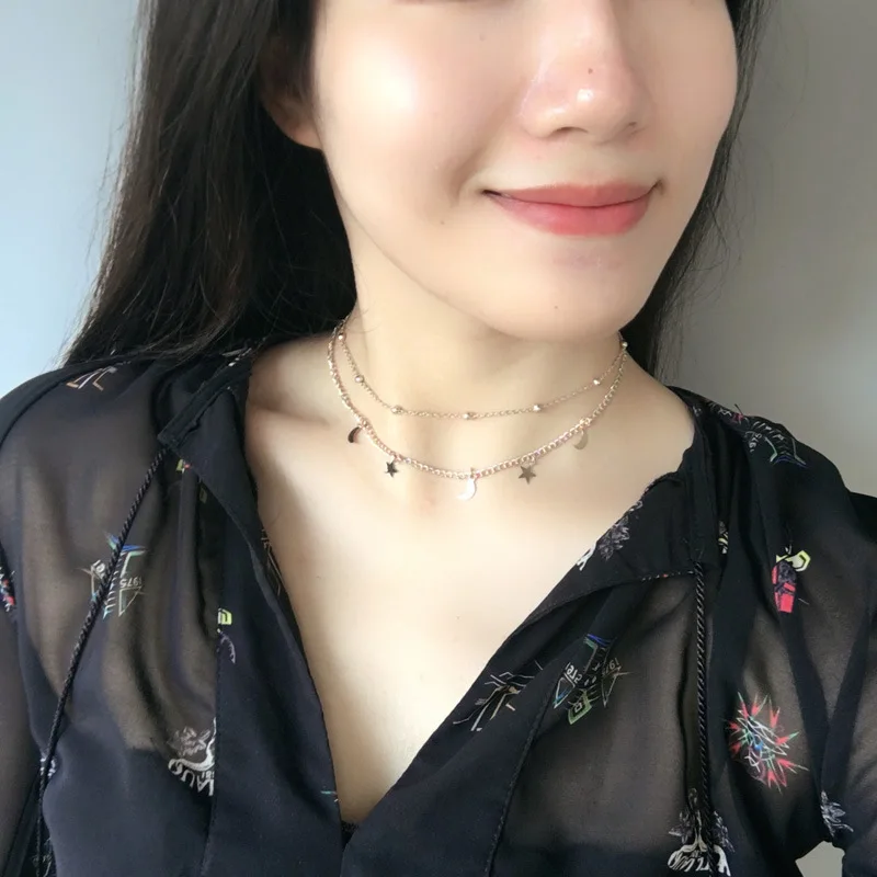 

Korean jewelry simple double necklace moon star short paragraph wild necklace wholesale chain clavicle chain Statement Necklace