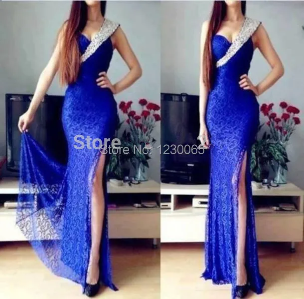 

Elegant One Shoulder Leg Slit Floor Length royal Blue Lace Prom Beaded Formal Evening Party Gown mother of the bride dresses