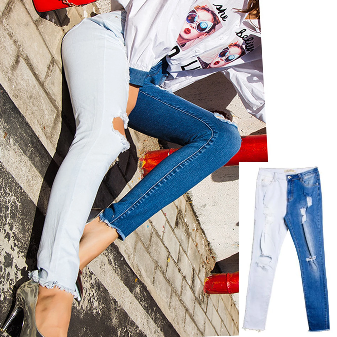 

plus size oversized patchwork contrast color block ripped hole denim skinny stretch denim pant casual high waist jeans women