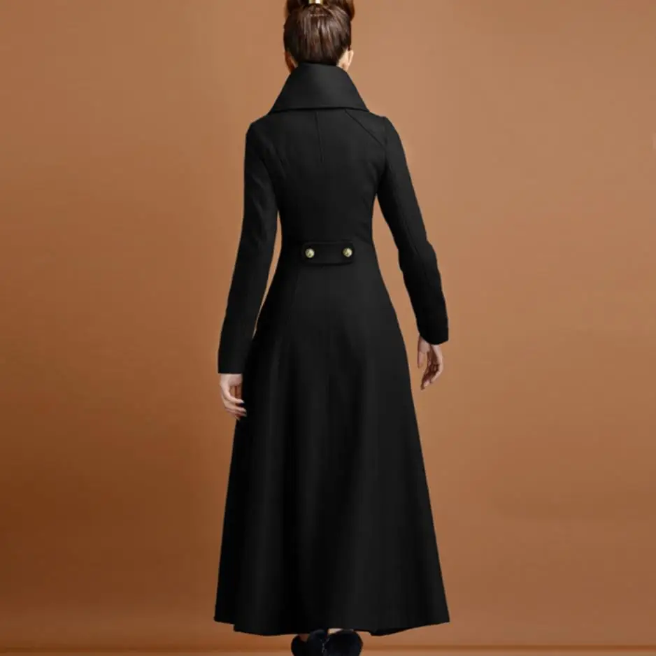 Размера плюс 3XL! Для женщин шерстяное пальто с воротником-стойкой, воротник в стиле «милитари» длиной до пола черный однобортный пальто из шерсти и синтетического волокна