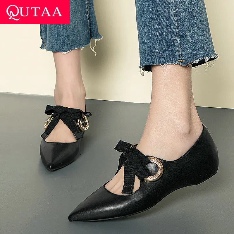 

QUTAA 2019 Women Shoes Platform Women Pumps Slip on Cow Leather+pu Casual Pointed Toe Bow Tie Shoes Ladies Pumps Size 34-39