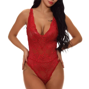 

Fashionable Women Lingerie Flower Lace Sexy Erotic Lingerie Babydoll Deep V Neck Sleepwear Conjoined Perspective Jumpsuit A20