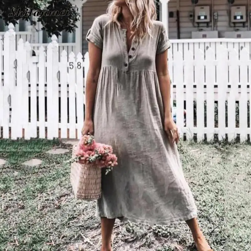 

Linen Dress 2019 Plus Size Summer Beach Cotton Casual V Neck Women Girls Long Shirts Dress Kaftan Loose Sexy Boho Maxi Dress