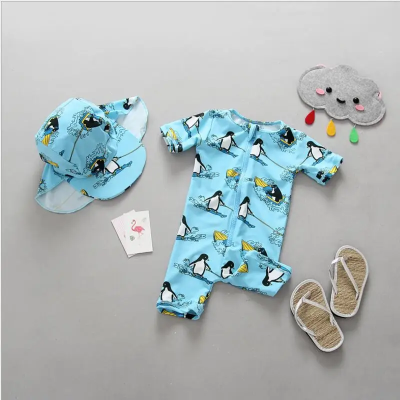 

Ins Children's Swimsuit Swimmers Sun Protection UV Short Sleeve Baby Conjoined Swimwear Surfing Suit For 9 M-4 Y Boys