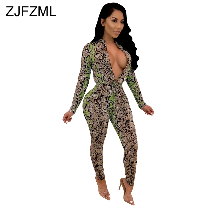

Snake Skin Print Sexy Romper Women Jumpsuit Front Zipper Long Sleeve Skinny Party Overall Vintage Stand Collar Bodysuit Catsuit