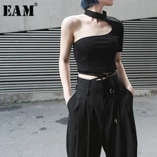 [EAM] новая весенне-Летняя короткая футболка с круглым вырезом, коротким рукавом и открытой спиной, необычная короткая женская модная футболка JX391