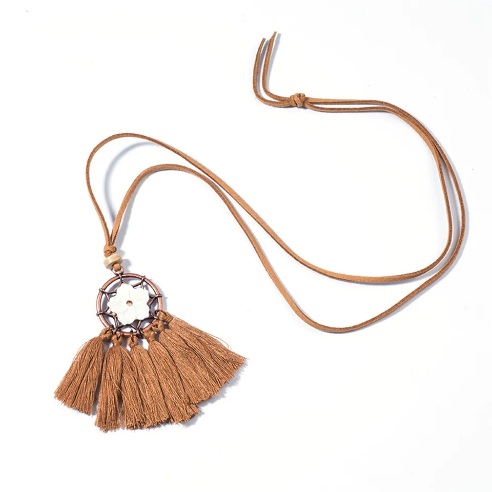 Винтажный богемский этнический кулон в виде ракушек с кисточкой, ожерелье, ювелирное изделие, бохо, длинная веревка, кожаная цепочка, свитер, эффектное колье - Окраска металла: N010785-B