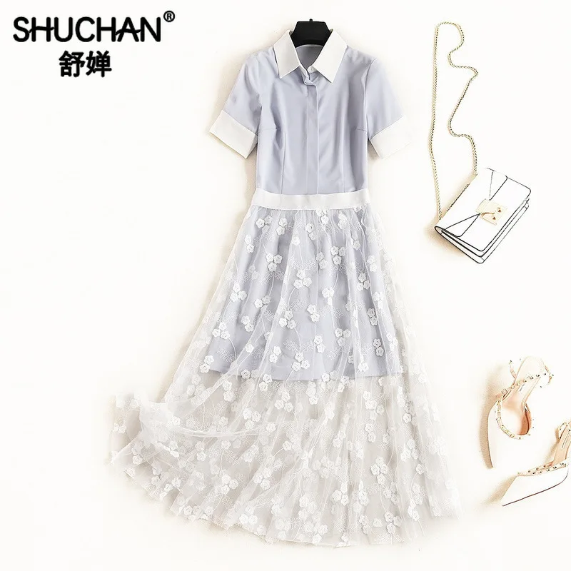 

Shuchan Female Costume 2 Piece Set Women Shirt Dress+ Embroidery Mesh Skirts Summer Clothes for Women Beach Style 51531