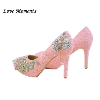 

Women High heels New sweet pink pearl wedding shoes Bride platform shoes peacock tassel women's shoes Pearl Party Dress shoes