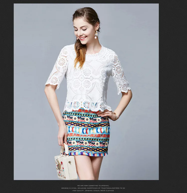 Water Soluble Flowers Lace Top Bohemian Mini Skirt Women Suits (15)