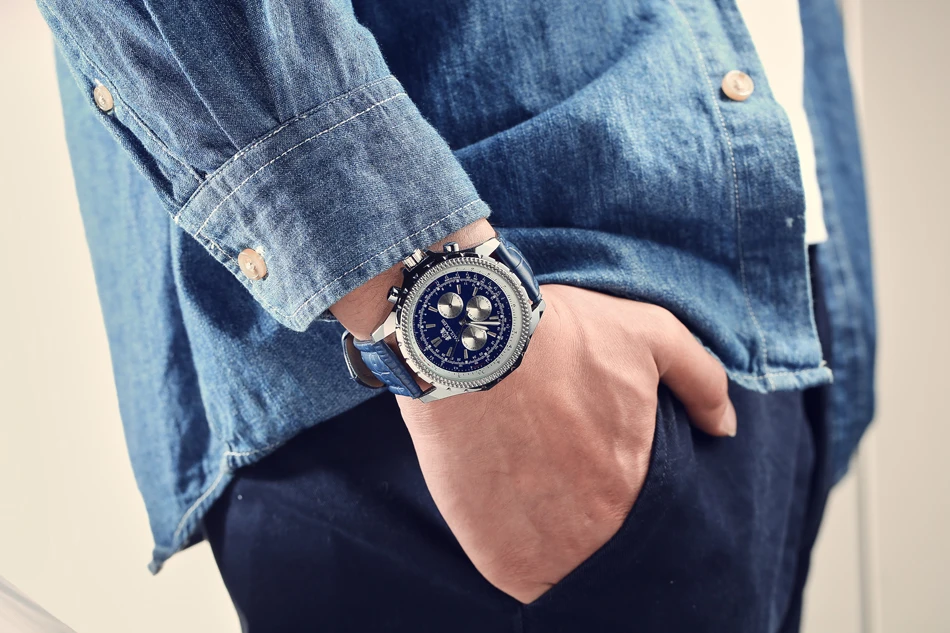 Автоматические самовзводные механические черные коричневые синие из натуральной кожи ремешок модные спортивные деловые мужские часы