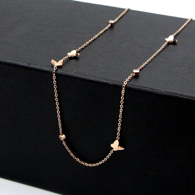 YUN RUO New Arrival Rose Gold Color Fashion Crystal Butterfly Chain Necklace Titanium Steel Jewelry Woman Gift Never Fade