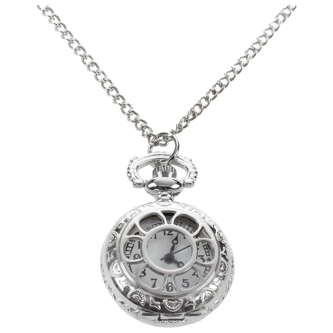 

Ladies Cut out Flower Pattern Hunter Case Necklace Watch Silver Tone