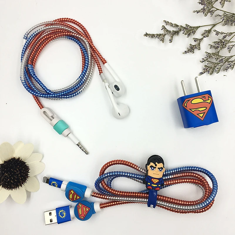 

Useful Cute Cartoon USB Cable Earphone Protector Set With Cable Winder Stickers Gradient color Spiral Cord Protector For iphone