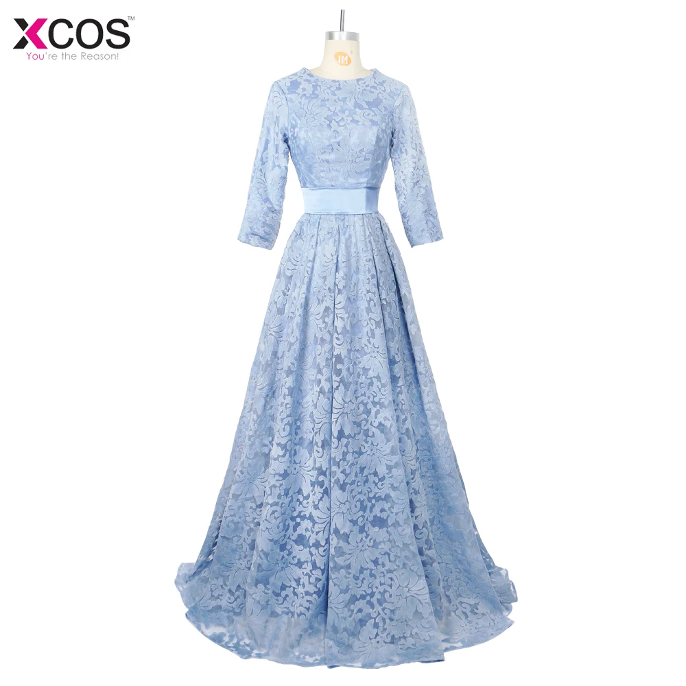 Baby Blue Prom Dresses with Sashes Floor Length Lace Formal Evening