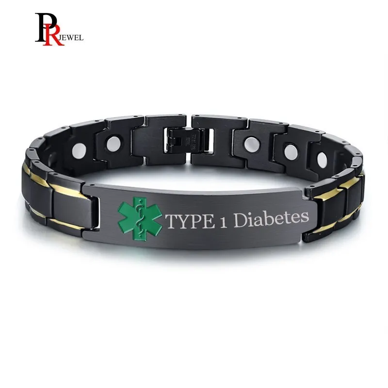 

TYPE 1 Diabetes Medical Alert ID Bracelets for Men Free Custom Engraving Magnetic Therapy Bracelet Pain Relief for Arthritis