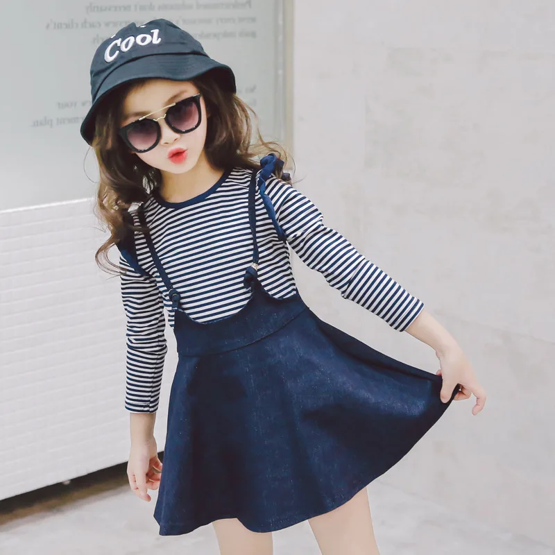 

2017 autumn children clothing set for birthday party wear striped t shirt + denimn dress 2pcs litter girls clothes sets suits