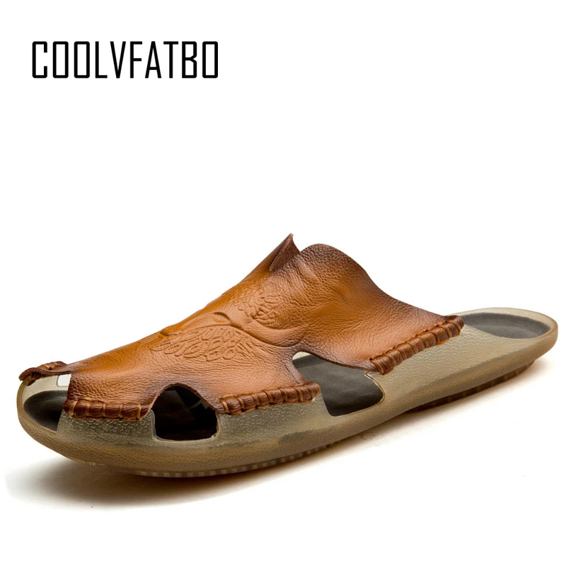 

COOLVFATBO Men Sandals Breathable Genuine Leather Summer Non-slip Men's shoes Outdoor Beach Shoes Men Flip Flops Big Size 38-48
