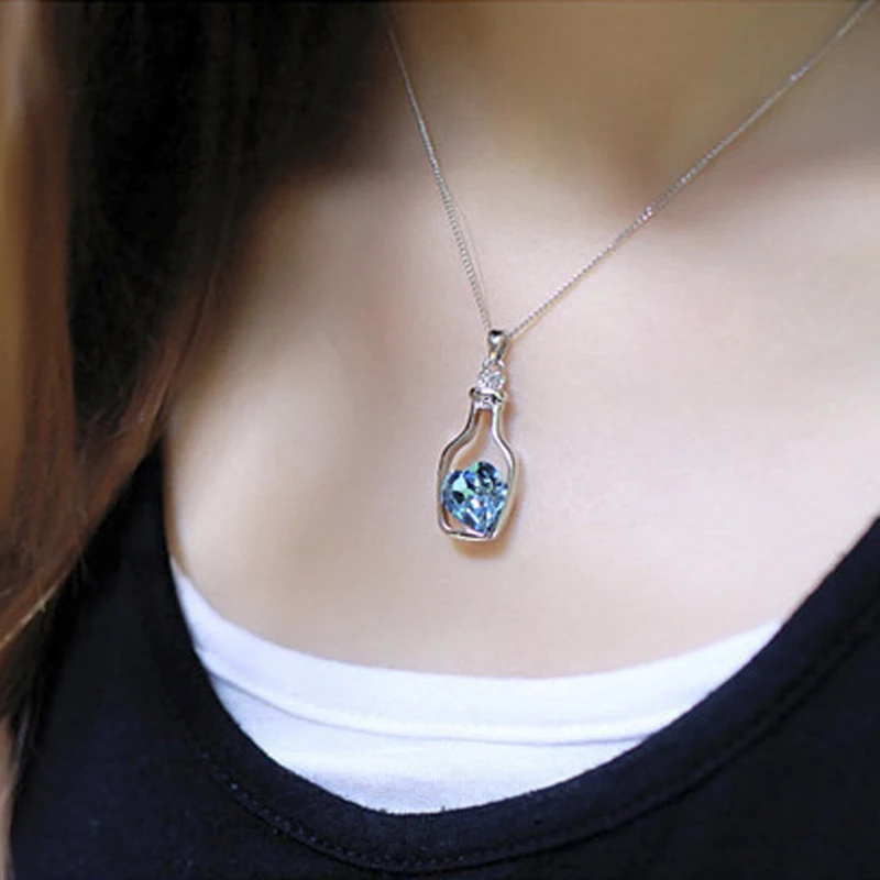 

2017 new women rhinestone jewelry fashion necklace woman drift bottle pendant creative heart crystal necklace for ladies DG1112