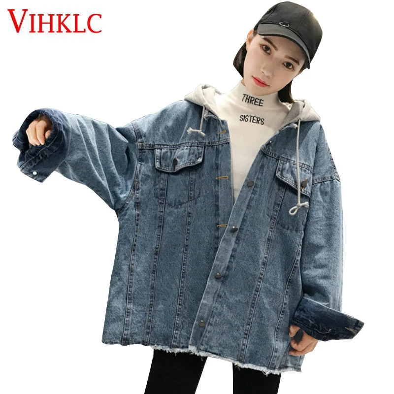 Women's Hooded Denim Jacket Spring Autumn 2018 New Korean Loose Wild Cowboy Coat Women Bf cool Handsome Street Tassel Z28 | Женская