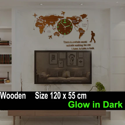 Тихая большая карта мира настенные часы Современный дизайн Акриловые 3D наклейки Подвесные часы сверкающий в темноте настенные часы - Цвет: Wood 120x55cm Light