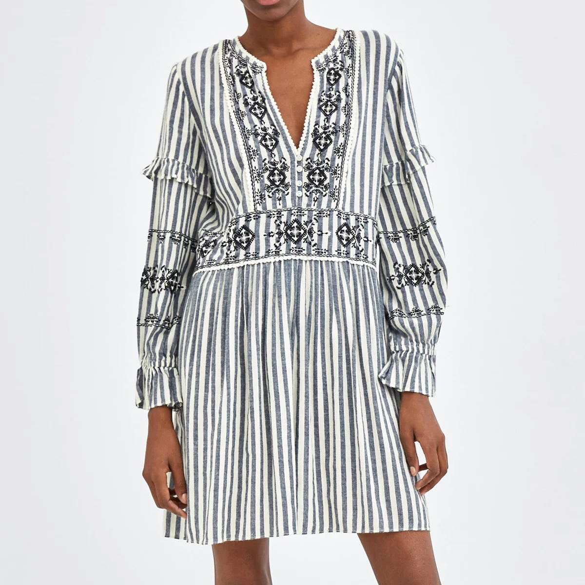 

Jastie Embroidered Striped Dress Ruffle Long Sleeve V-Neck Women Dresses Buttons Front Boho Chic Casual dress Female Vestidos