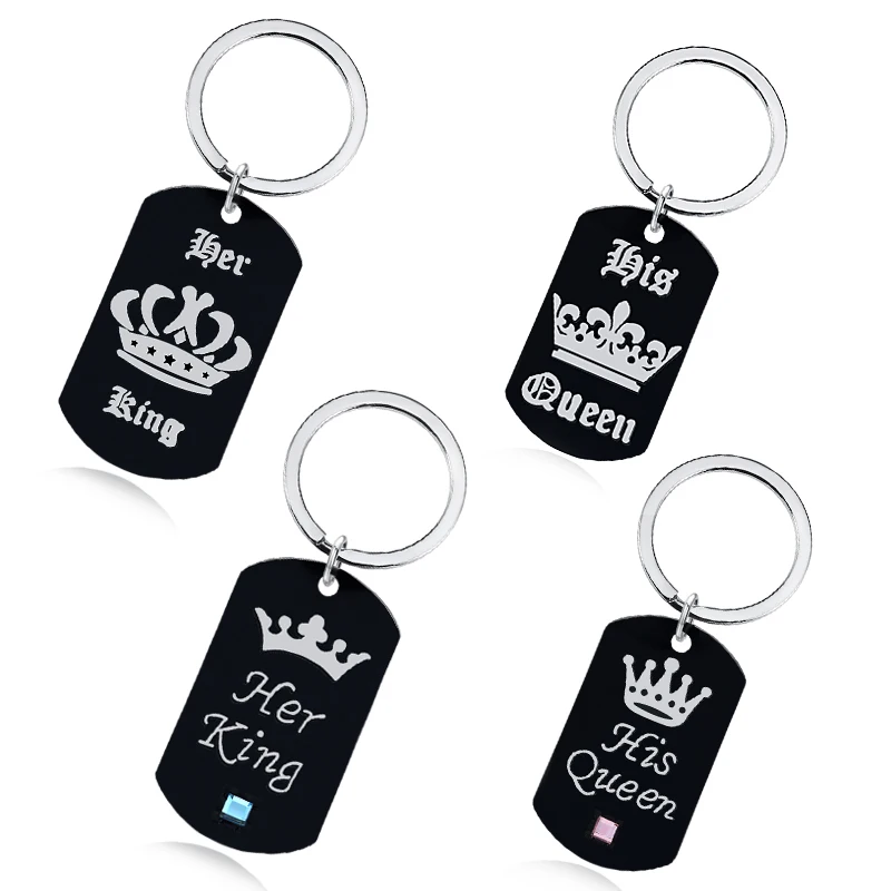 

Trendy Lovers Square Keychain Lettering Her King His Queen Romantic Keycahins Unisex Couple Crystal Pendant Valentine's Day Gift