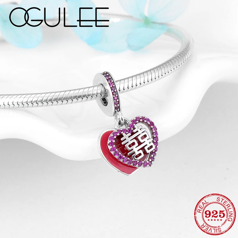 

Real 925 Sterling Silver Chinese Wedding Double Happiness CZ Enamel Pendant Charms Fit Original Pandora Charm Bracelet Jewelry