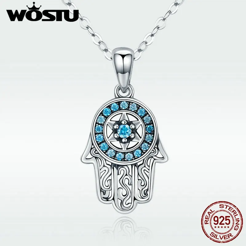 

WOSTU Real 925 Sterling Silver Hand Of Fatima Hamsa Pendant Choker Necklace For Women Fashion bijoux Jewelry Gift DXN264