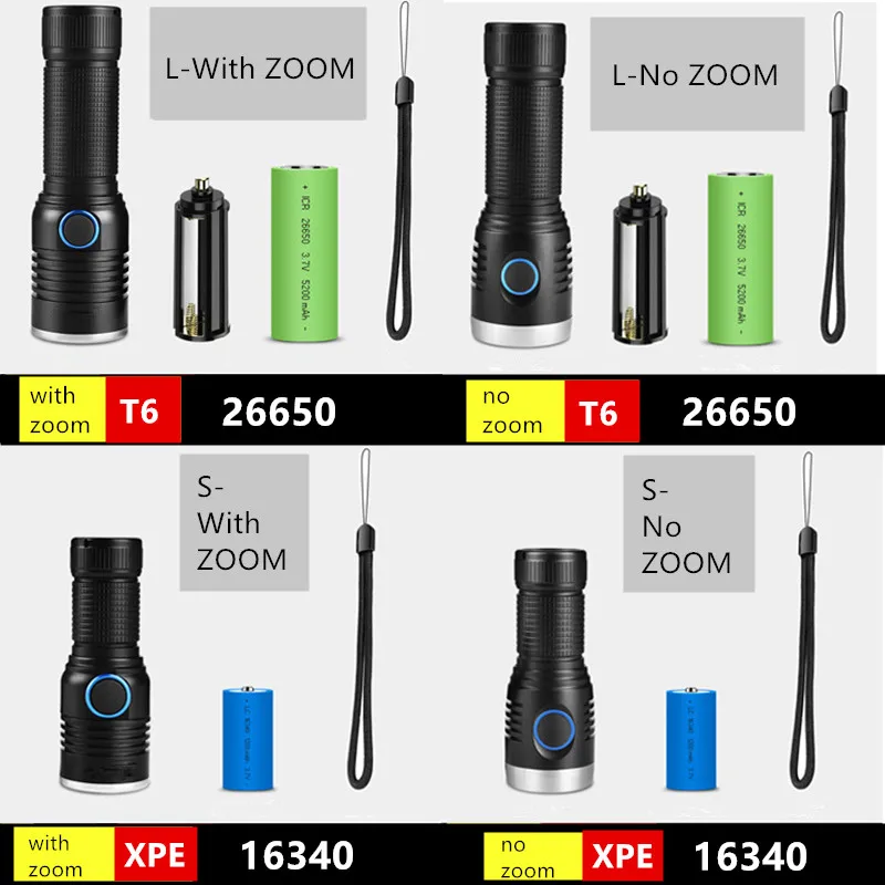 4000 Lumen LED XML T6 USB Rechargeable Flashlight 26650 Battery;Mini USB Light Portable Flashlight Torch 16340 Battery Lamps