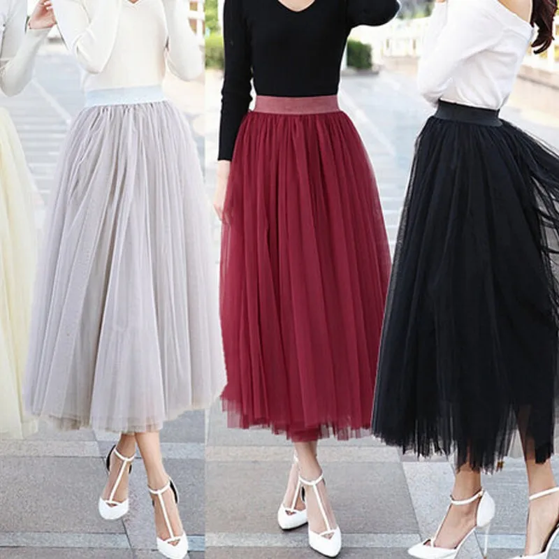 Modest Ankle Length Skirt Soft Tulle Waist Band 3 4 cm Black Silver