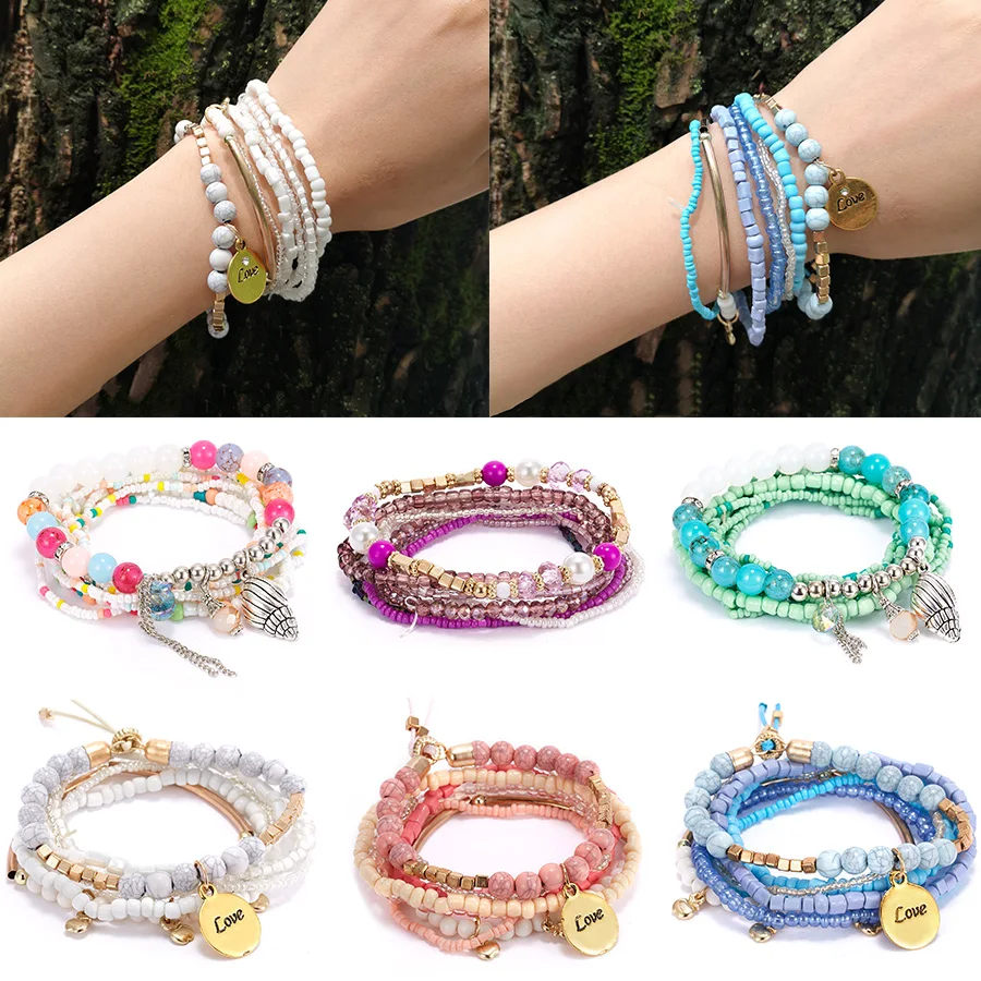 

7/8/9 pcs Multicolor Beads Strand Bracelets for Women Love Seashell Charm Crystal Bead Bracelet Jewelry Party Gift Adjustable