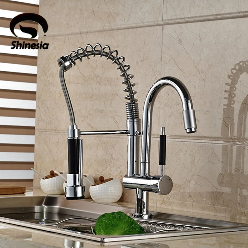 Wholesale and Retail New Double Swivel Spout Spring Kitchen Sink Faucet Hot and Cold Pull Out