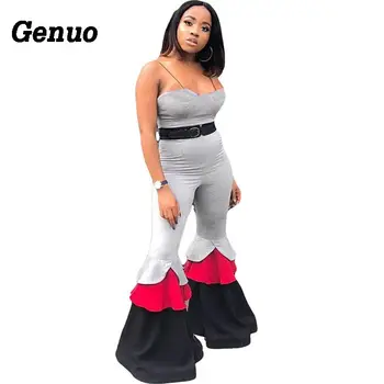 

Genuo Sexy Spaghetti Strap Bodycon Jumpsuits Women Wide Leg Patchwork Ruffles Flare Pants Overalls Romper Plus Size